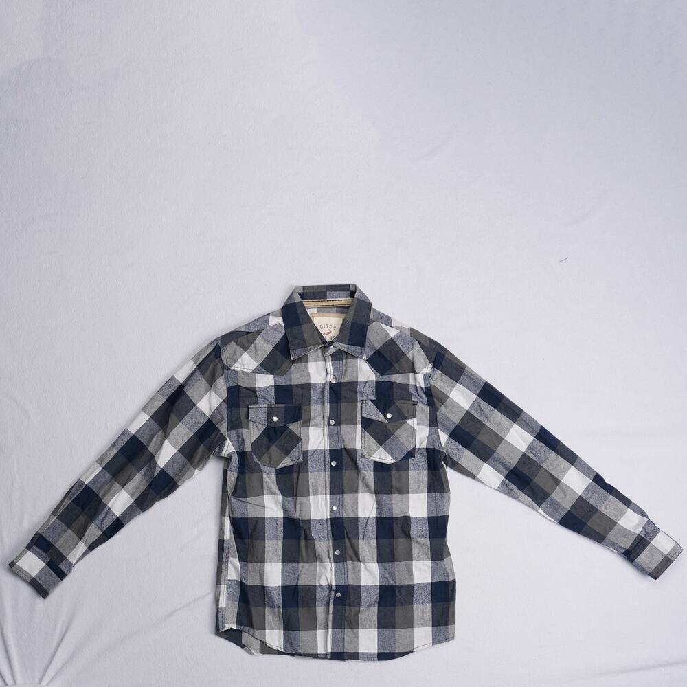 Ditch Plains Mens XL Blue Grey Buffalo Check Western Snap Flannel Shirt Cotton